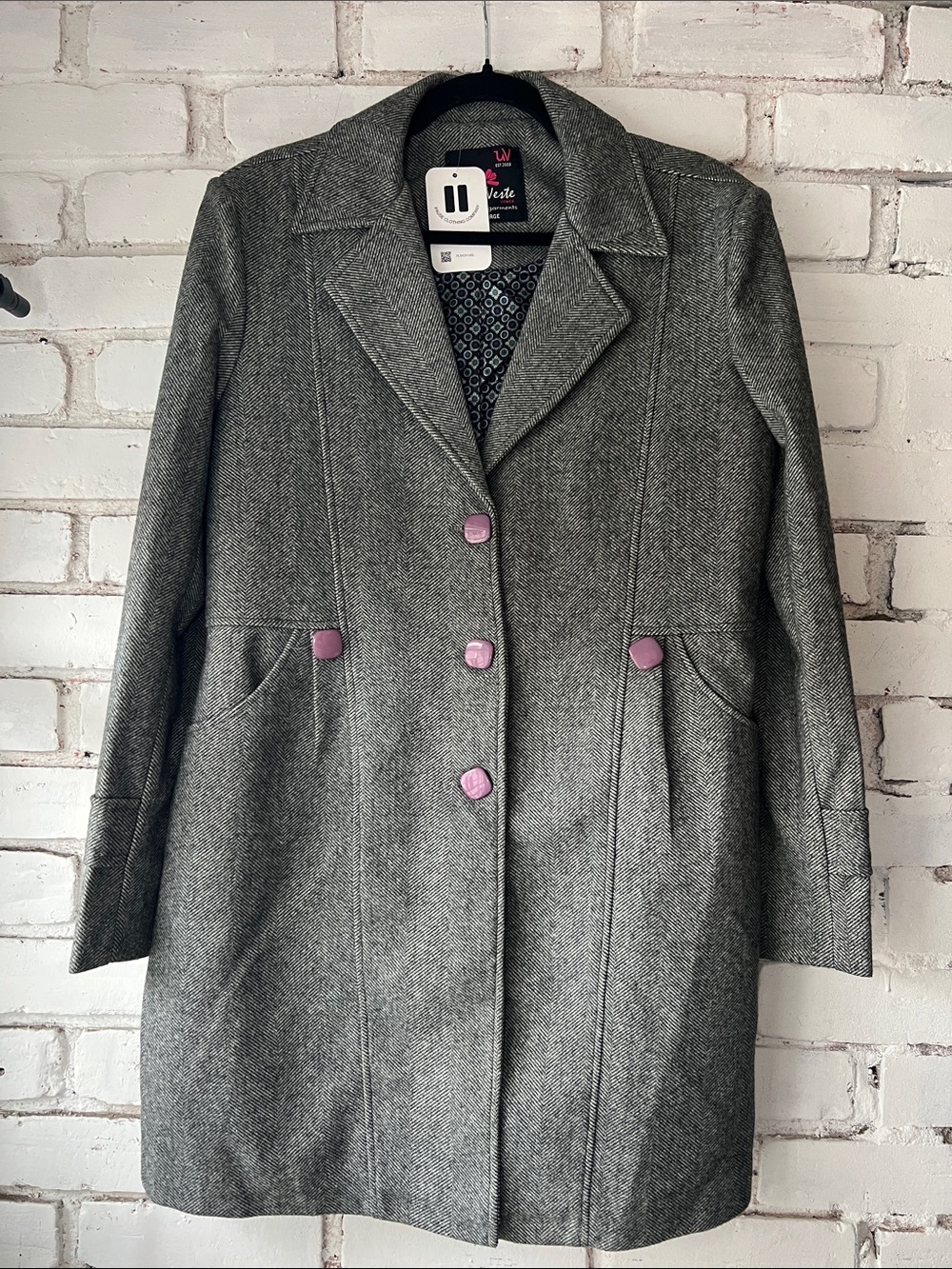 Women's Gray Pea Coat with purple Accents cozy wool
